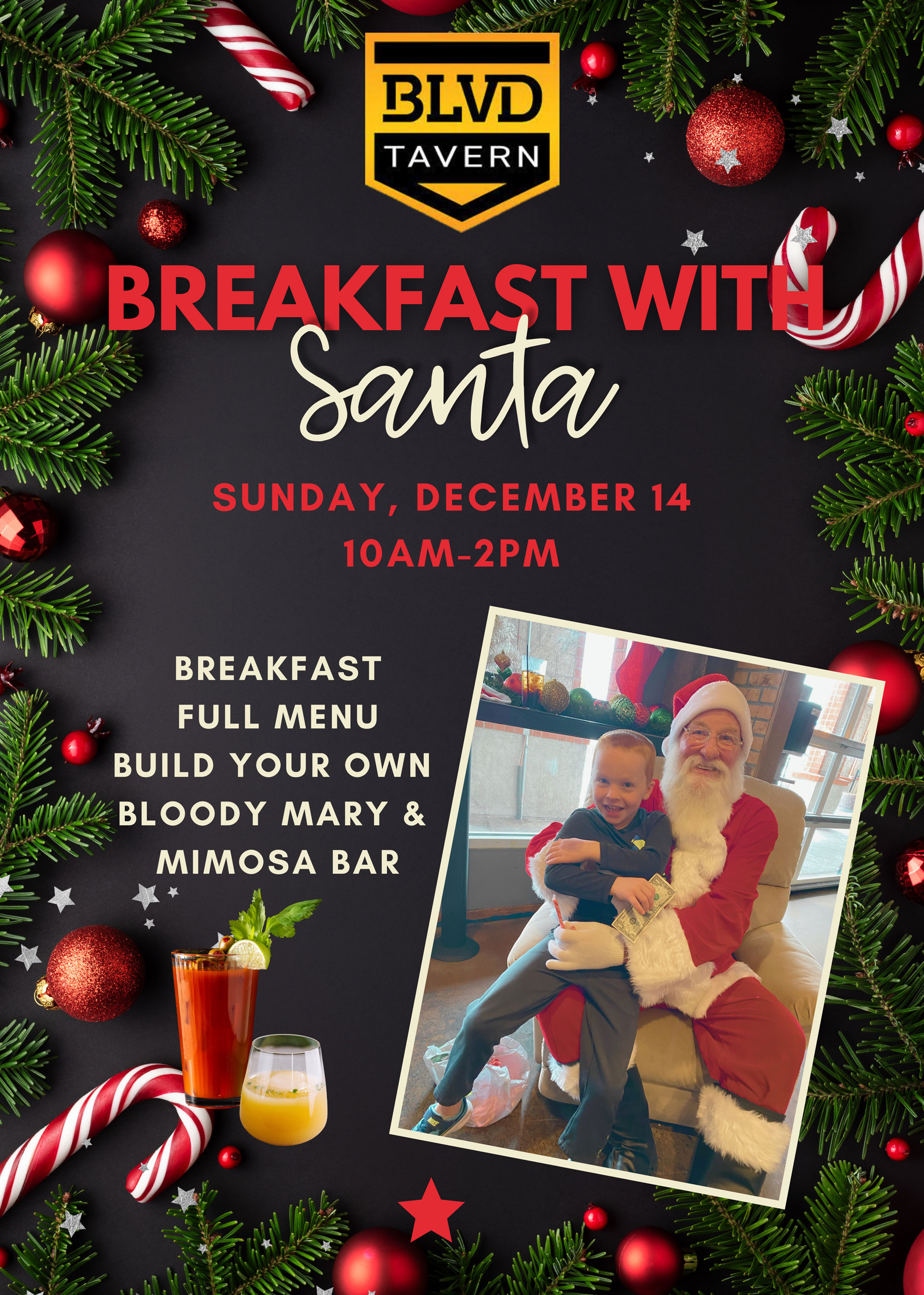 Child smiling sitting on Santa's lap for Breakfast with Santa at BLVD Tavern