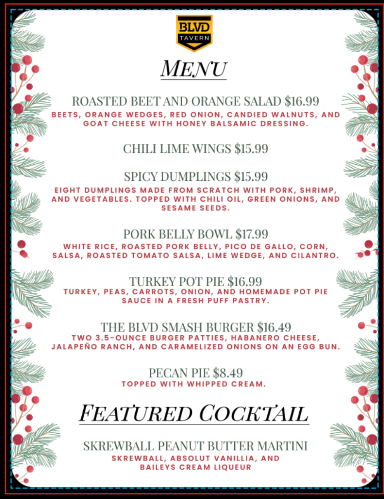 menu with winter seasonal features at BLVD Tavern