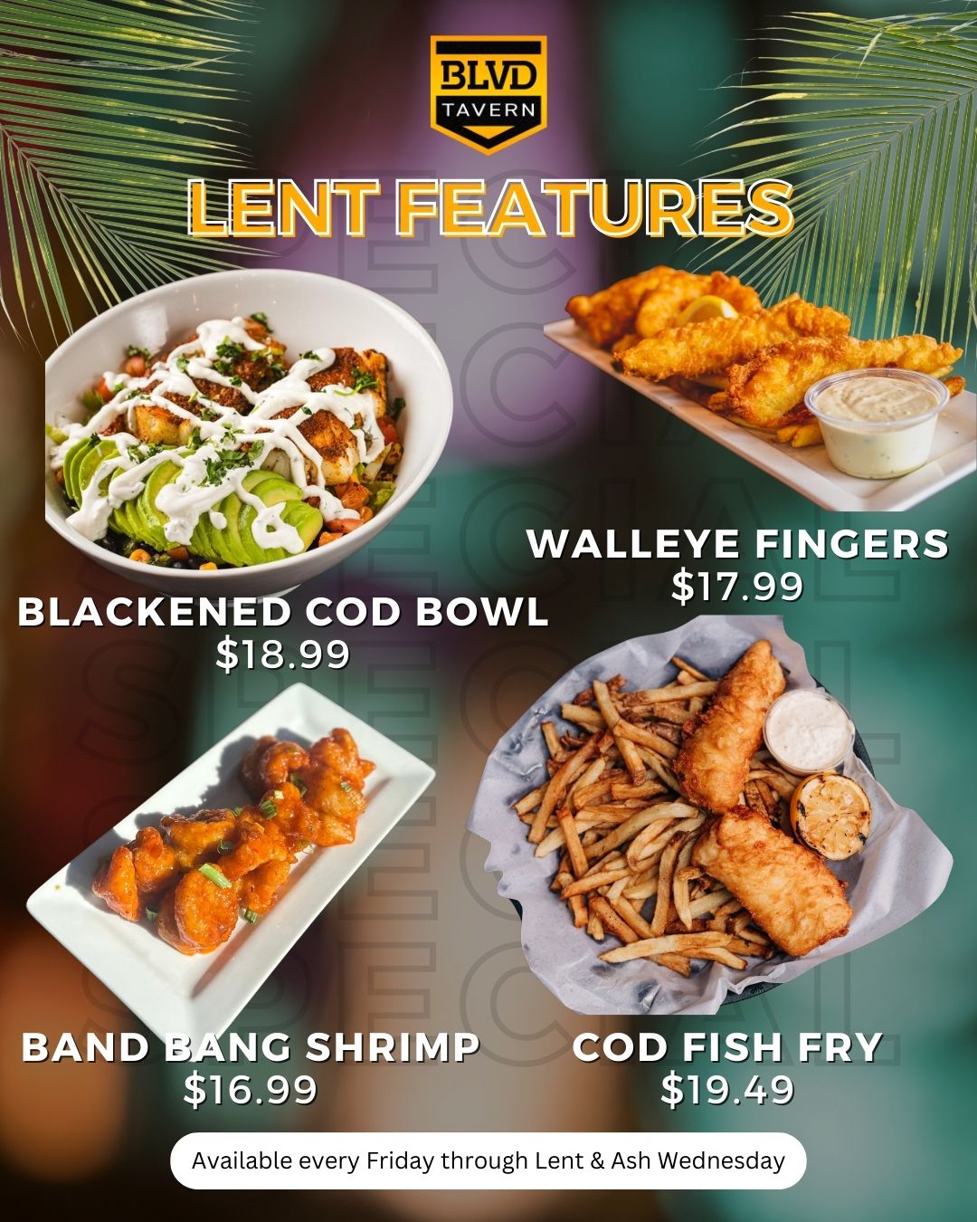 Menu featuring seafood options during lent at Blvd Tavner in West Saint Paul, MN