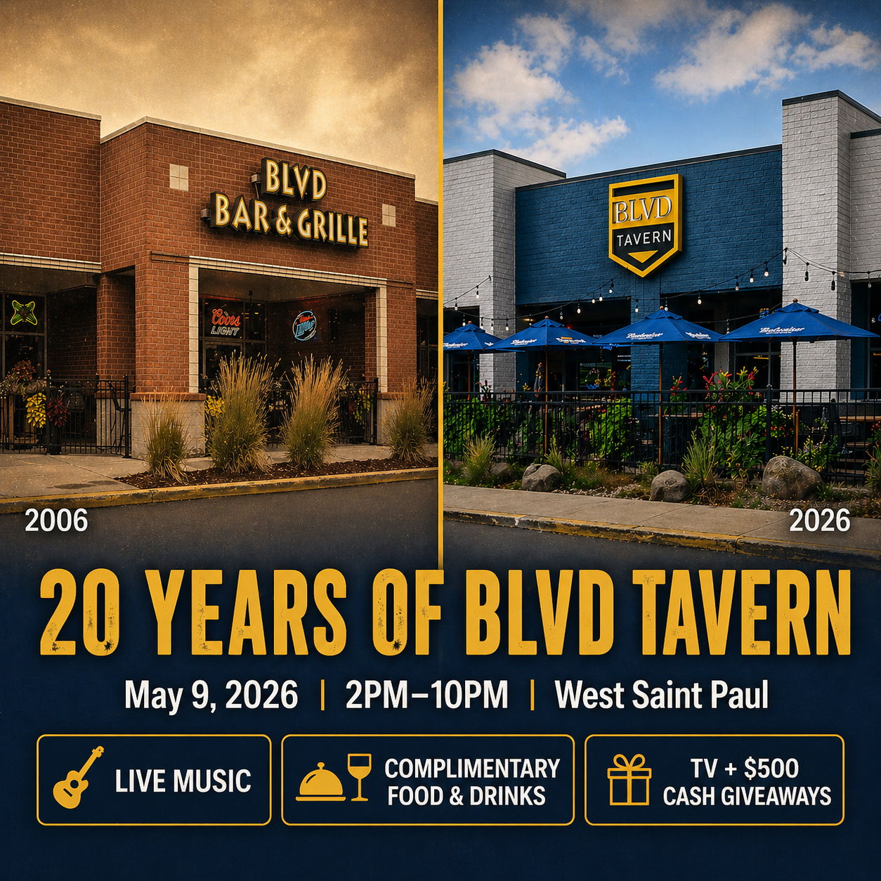 an image showing BLVD Tavern in West St. Paul when they first opened and current for their 20th anniversary party
