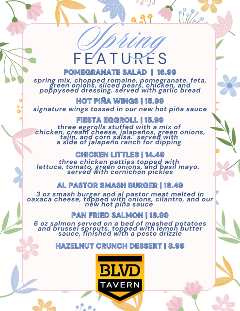 A menu displaying food items for BLVD Tavern Spring Menu 2026 in West. St. Paul MN