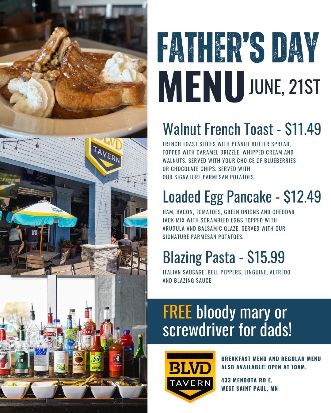 Father's Day Brinch and specials menu at BLVD TAVERN in West St. Paul MN