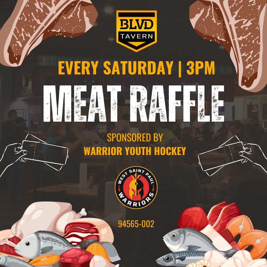 Meat Raffle advertisment for BLVD Tavern in West St. Paul every Saturday at 3pm
