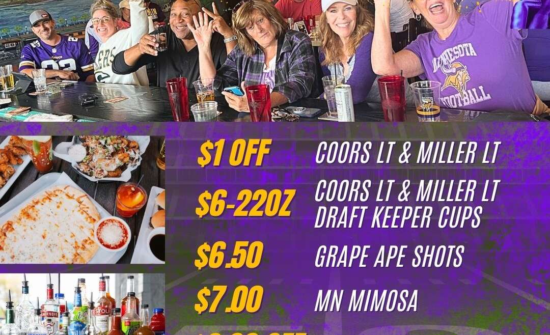BLVD Tavern Vikings game day specials flyer with fans celebrating and food and drink deals