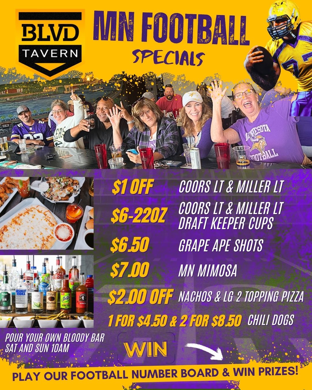 BLVD Tavern Vikings game day specials flyer with fans celebrating and food and drink deals