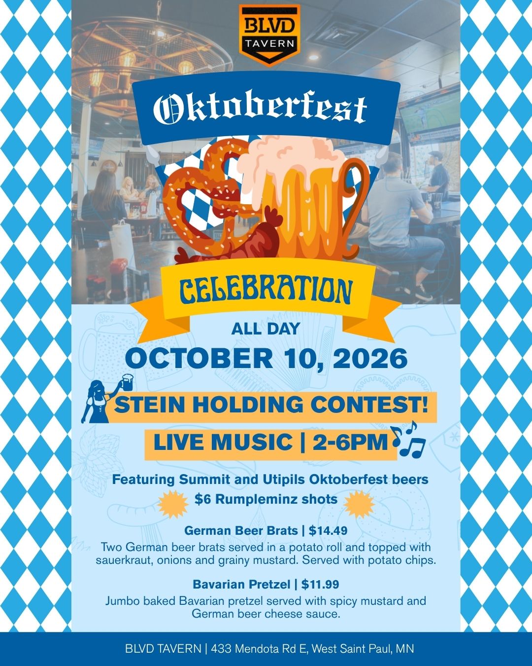 BLVD Tavern Oktoberfest flyer — October 10 in West St. Paul, MN, featuring a stein holding contest, live music, Bavarian pretzel, and German beer brats