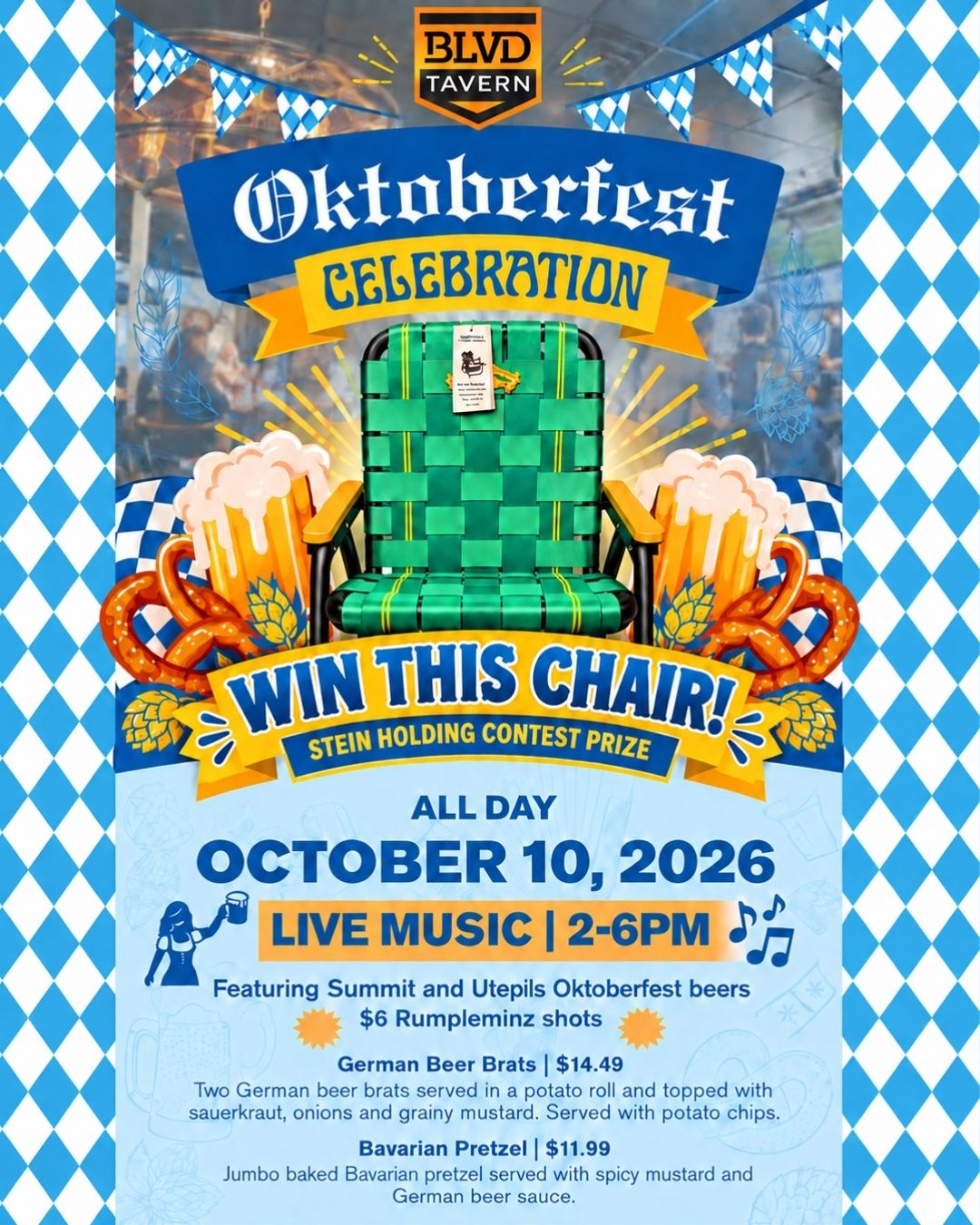 BLVD Tavern Oktoberfest flyer — October 10 in West St. Paul, MN, featuring a stein holding contest, live music, Bavarian pretzel, and German beer brats