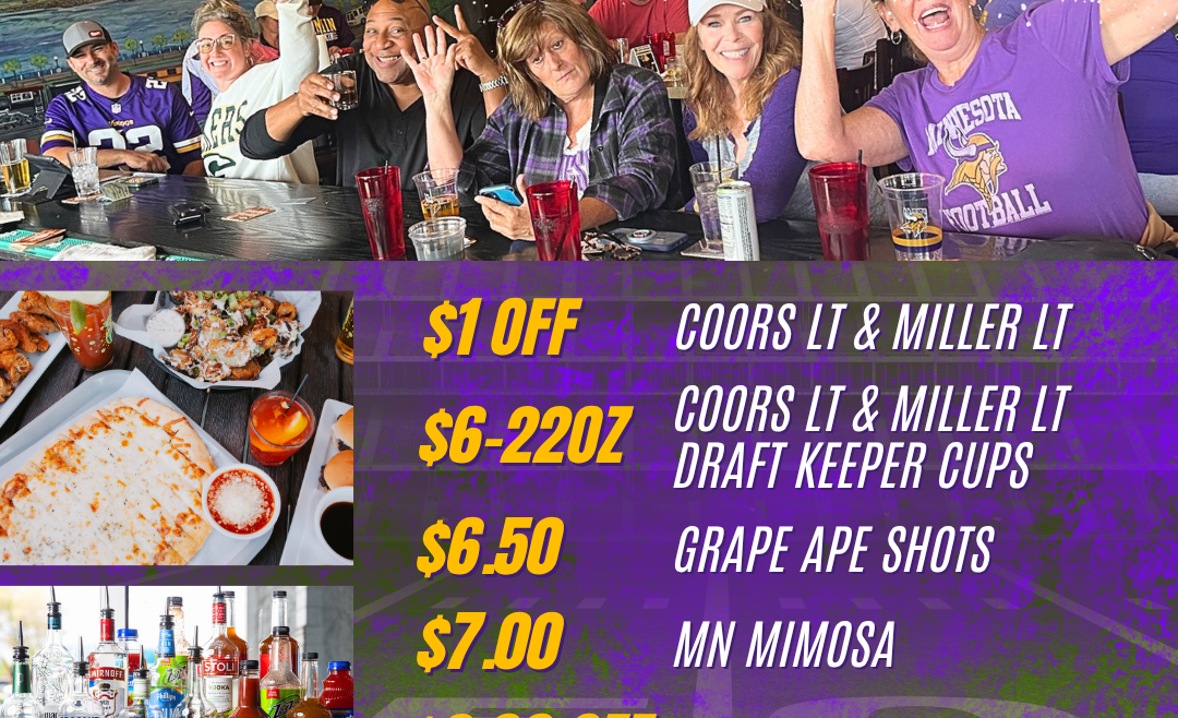 BLVD Tavern Vikings game day specials flyer with fans celebrating and food and drink deals