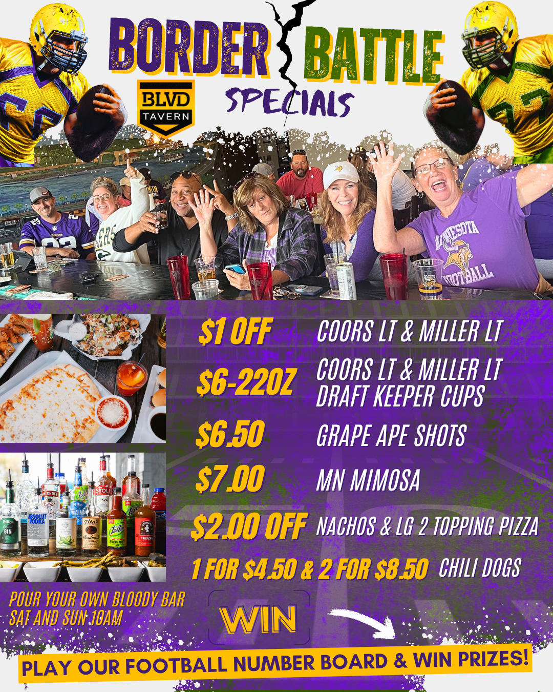 BLVD Tavern Vikings game day specials flyer with fans celebrating and food and drink deals